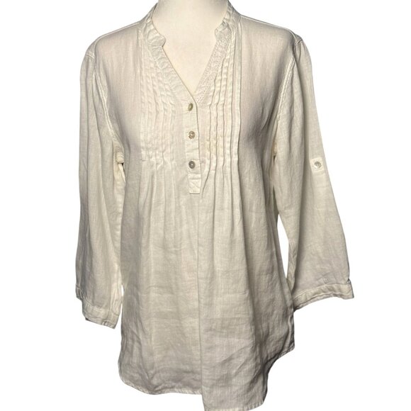 MALVIN I Love 100% Linen Top Blouse Womens S White V-Neck Button Front Pintuck - Picture 4 of 11